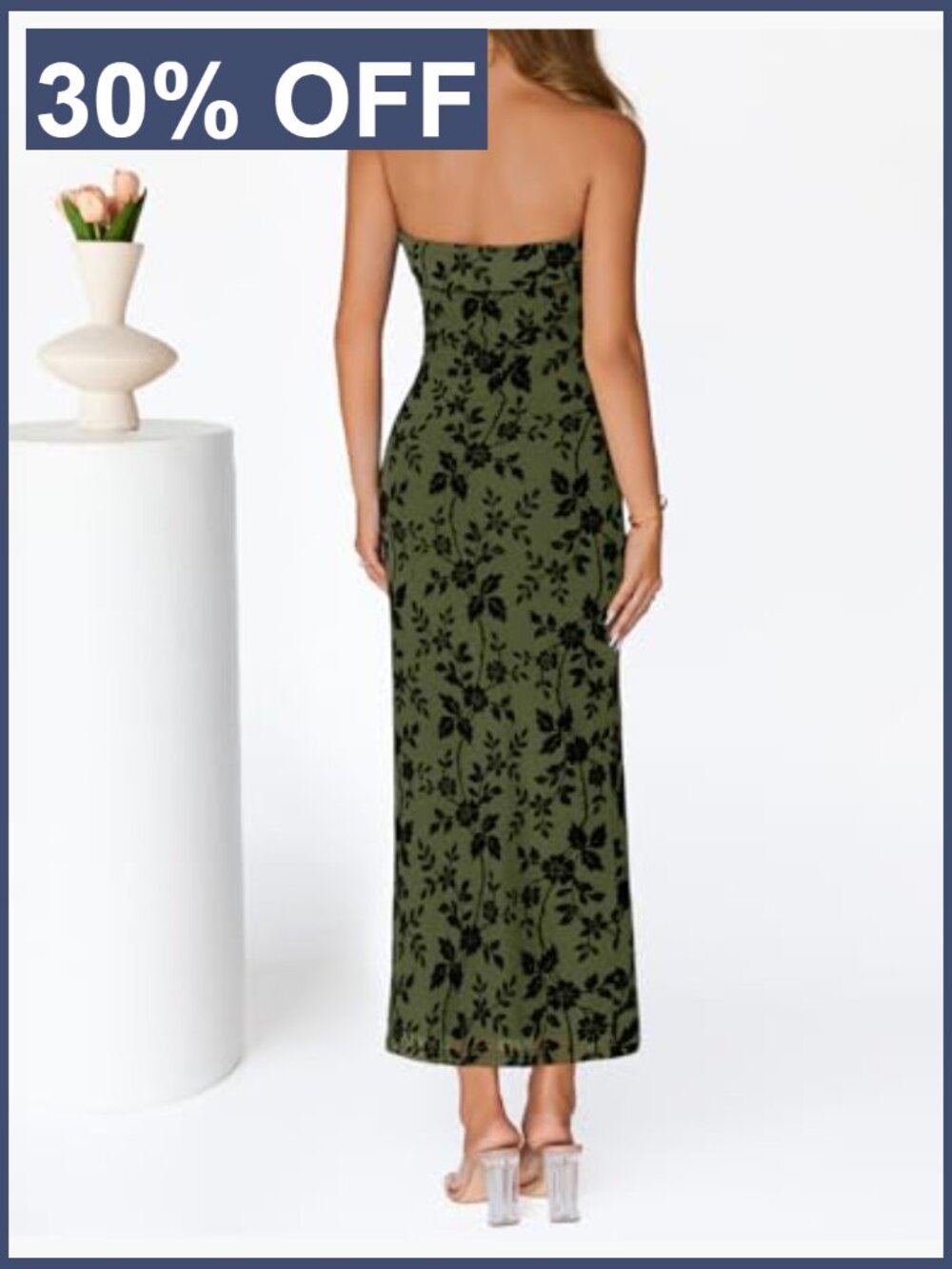Formal Strapless Bodycon Floral Tube Mesh Cocktail Party Maxi Dress - Picture 5 of 7